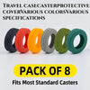 Pack of eight protective covers for various standard travel luggage casters in different colors.