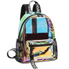 A clear PVC backpack with a multicolored iridescent design featuring black and blue geometric patterns.