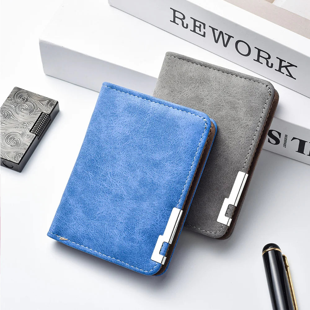 A blue and gray PU leather wallet with card slots is shown next to a notebook.