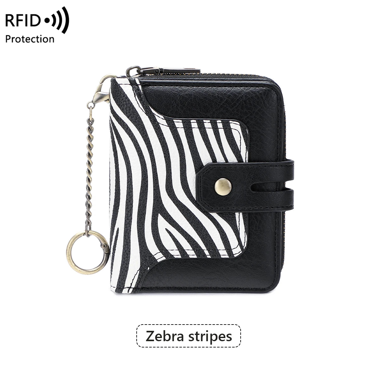 Black and white zebra striped RFID protected bi-fold wallet with a gold chain.