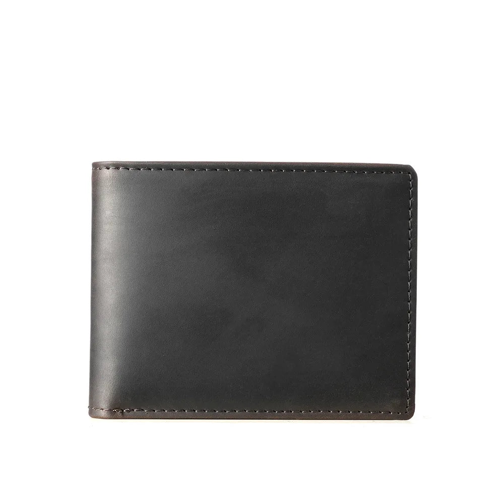 A dark gray men's bifold retro cowhide leather wallet.