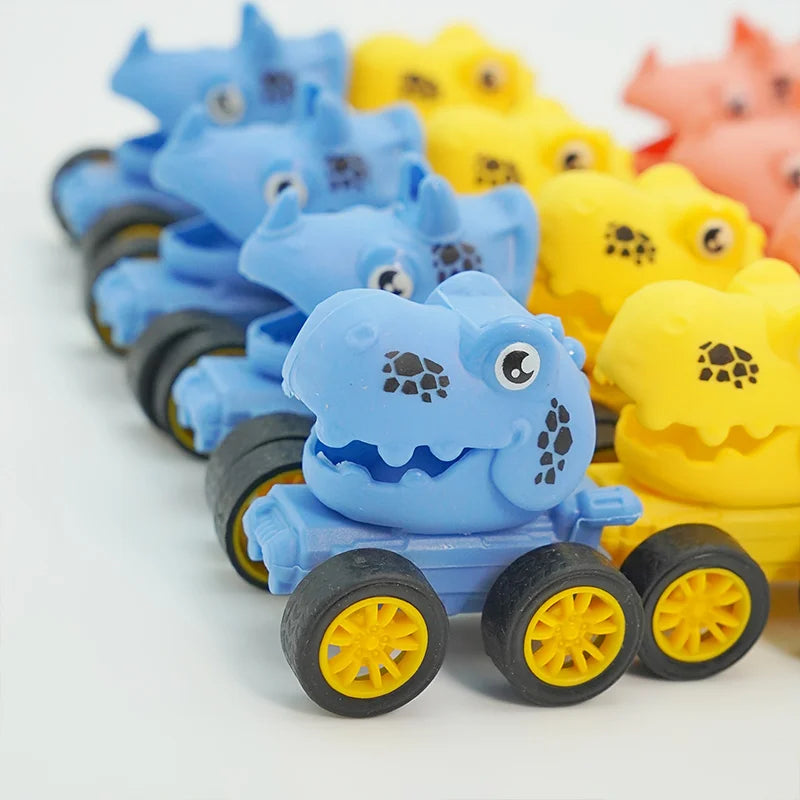 A collection of mini pull-back dinosaur cars in blue and yellow colors.