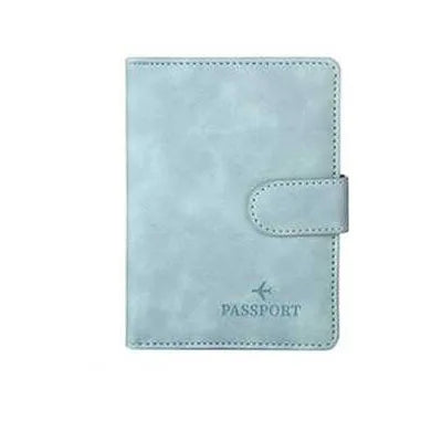 Light blue leather passport organizer with a stitched flap and the word PASSPORT embossed on it.