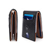 A black slim genuine leather wallet with a textured finish and blue cards inside.