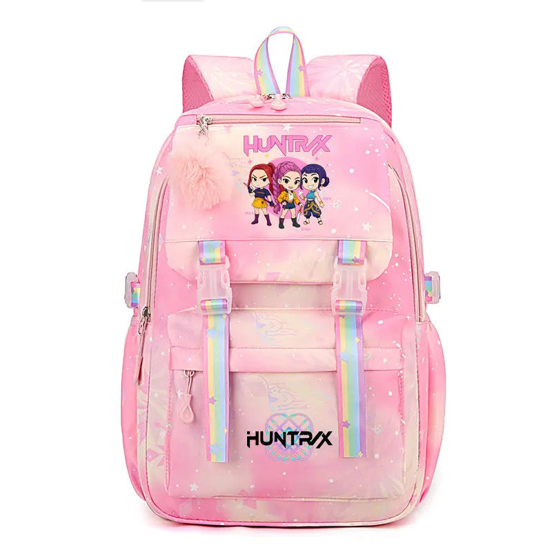 Pink Huntrix laptop backpack featuring a pink and purple theme with character designs