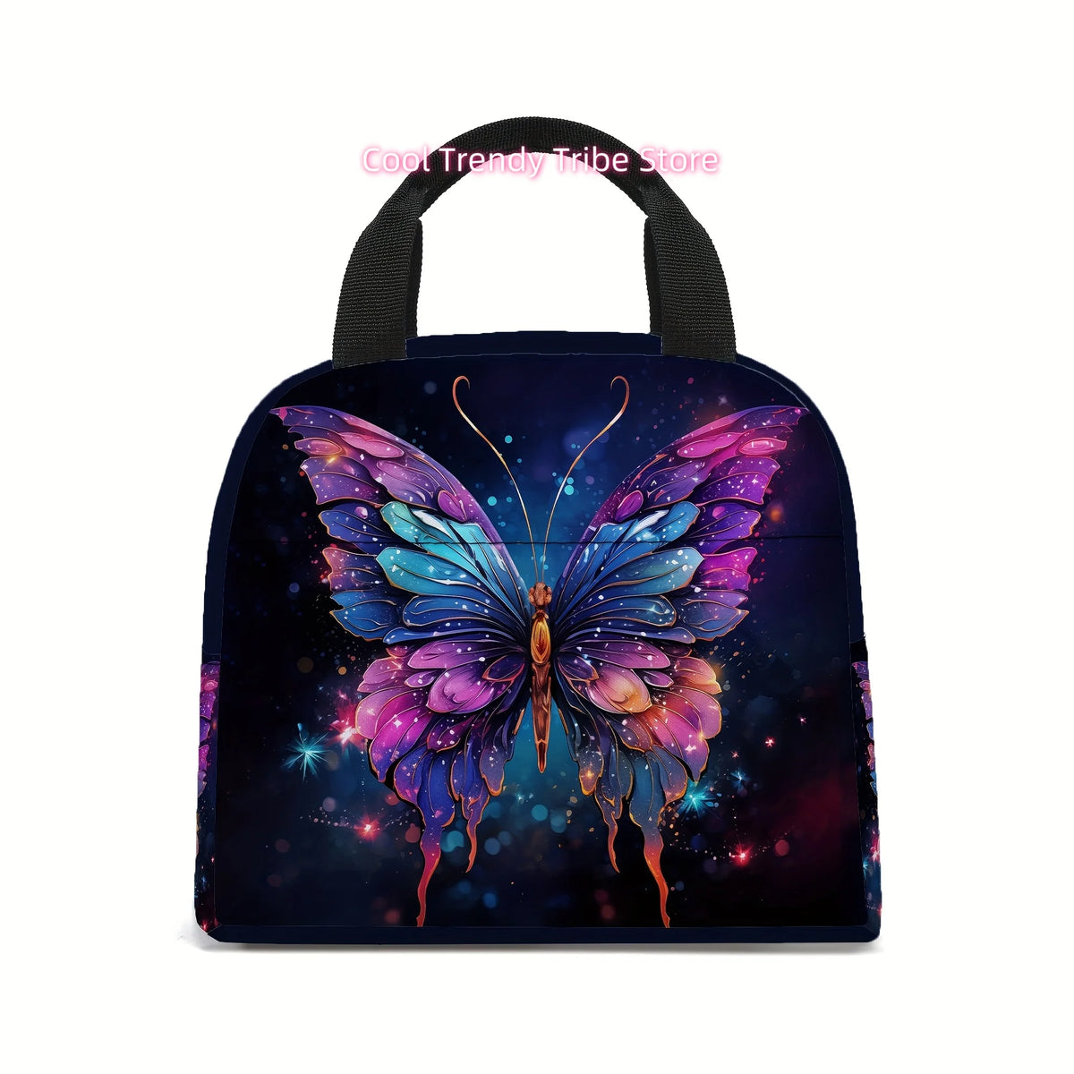 A dark blue insulated tote bag featuring a vibrant, iridescent butterfly print.