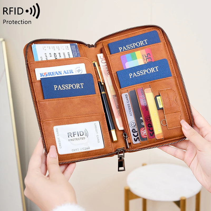 A brown RFID blocking travel wallet is shown open, displaying various passport and credit cards.