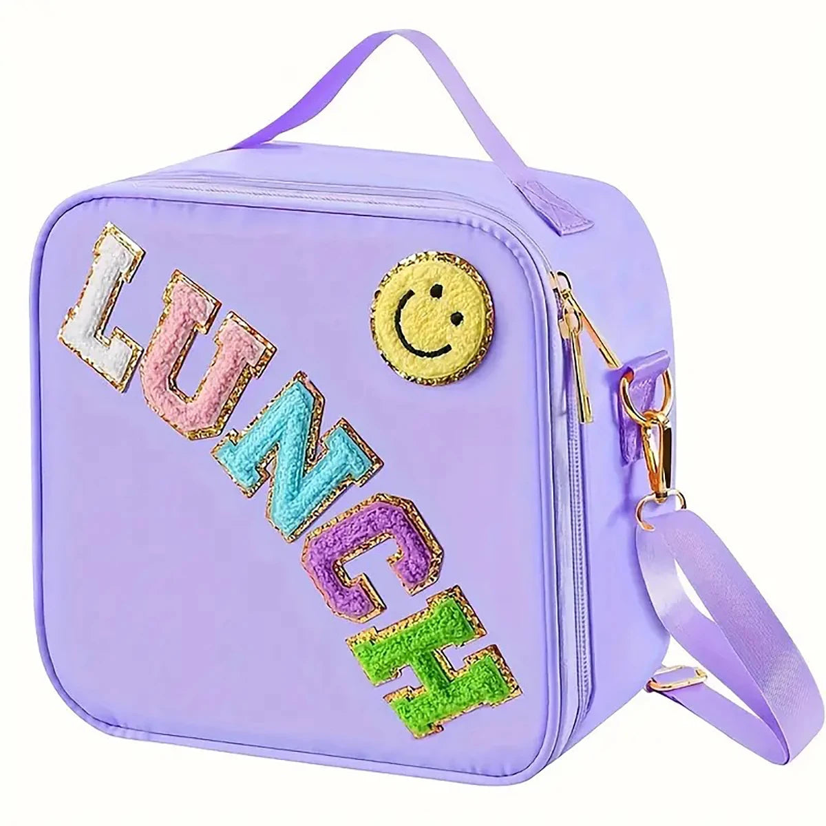 A purple insulated lunch bag featuring a smiley face design with colorful embroidered letters.