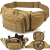 A tan multi-compartment waist pack designed for outdoor adventures, shown in various configurations.