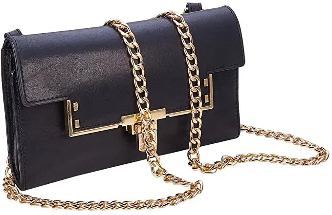 A black leather clutch bag with a gold-tone diamond-cut curb chain strap.