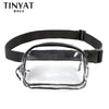 Clear PVC waist bag with a black adjustable strap shown against a white background.