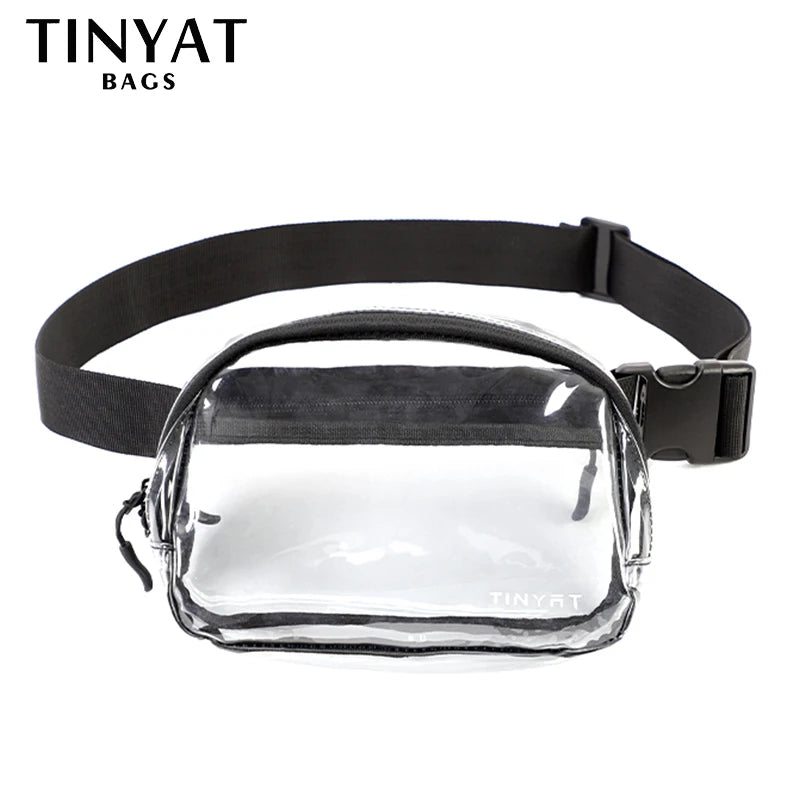 Clear PVC waist bag with a black adjustable strap shown against a white background.