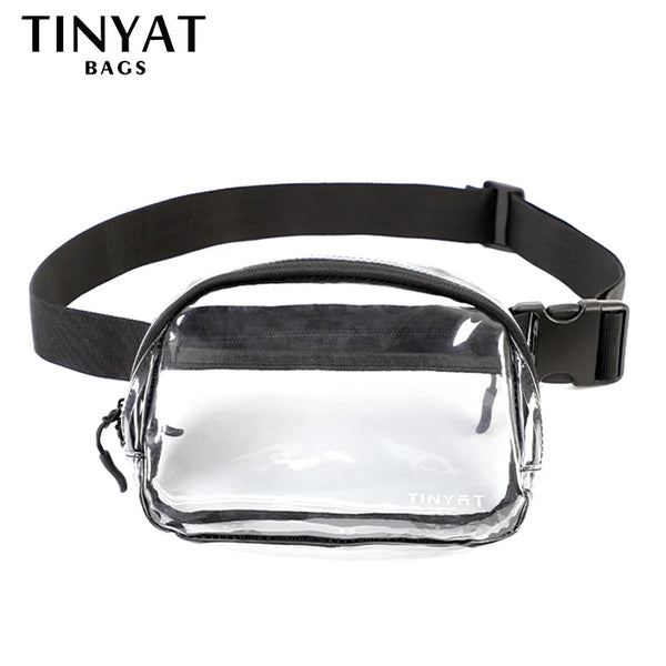 Clear PVC waist bag with a black adjustable strap shown against a white background.