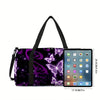 A purple butterfly print tote bag with a black strap and a smartphone displayed next to it.