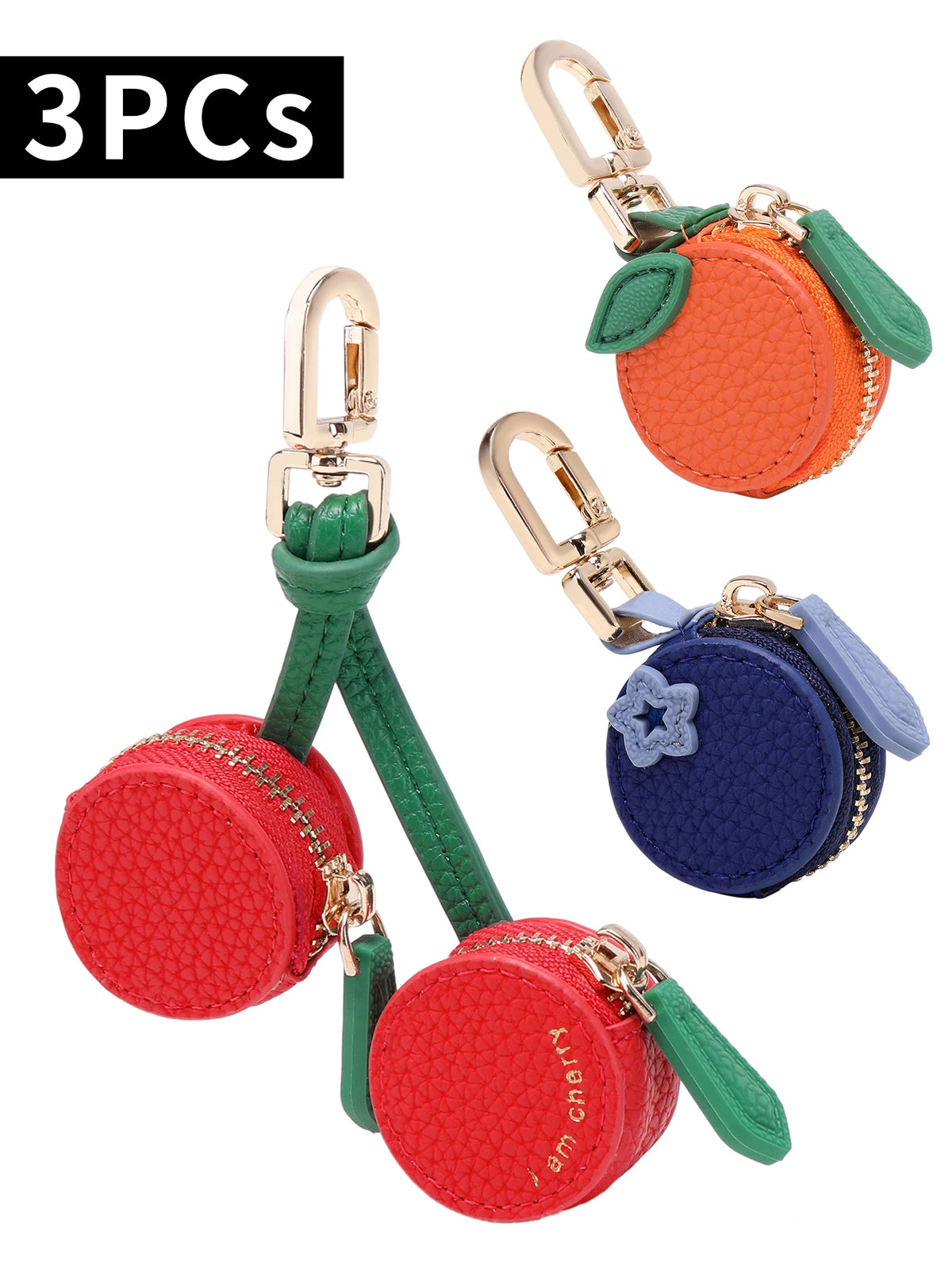 Three red cherry fruit shape coin purse keychains in red and green colors