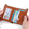 A brown genuine leather wallet showing various card slots including a transparent slot, SIM card/memory card slot, and cash s