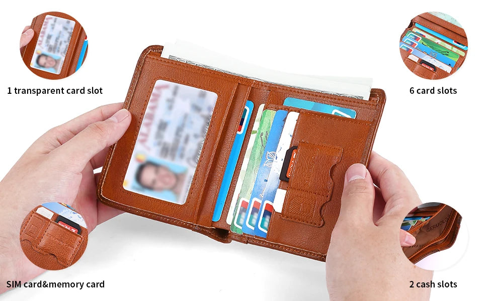 A brown genuine leather wallet showing various card slots including a transparent slot, SIM card/memory card slot, and cash s