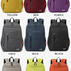 A display of various colored fashion commuter daypacks including yellow, red, purple, gray, blue, black, khaki, green, and or