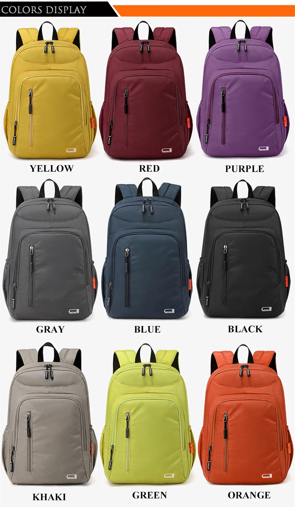 A display of various colored fashion commuter daypacks including yellow, red, purple, gray, blue, black, khaki, green, and or