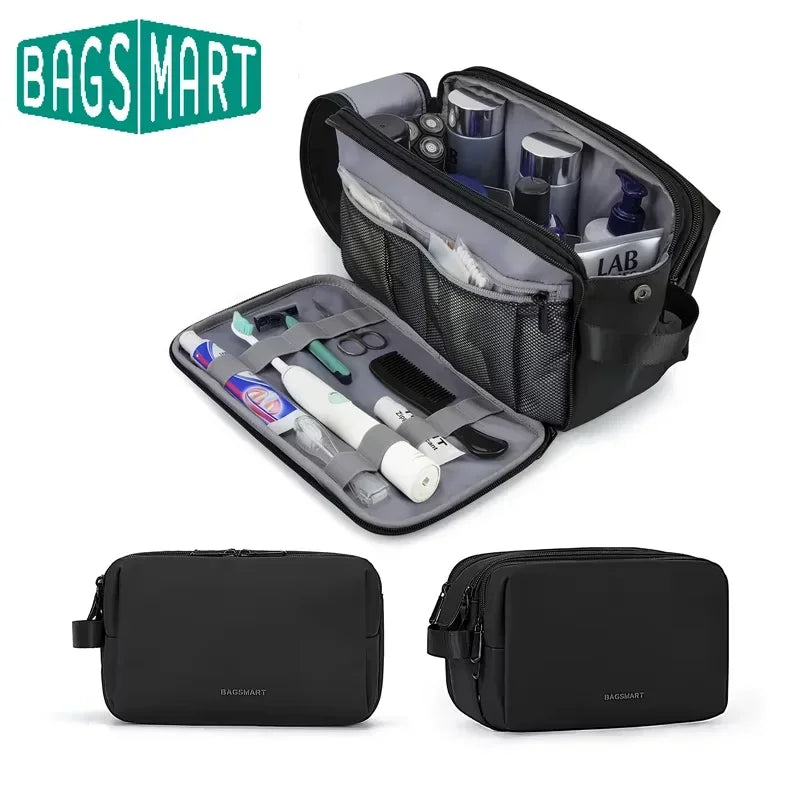 A black multifunction cosmetic toiletry bag is shown open, revealing various grooming tools and accessories.