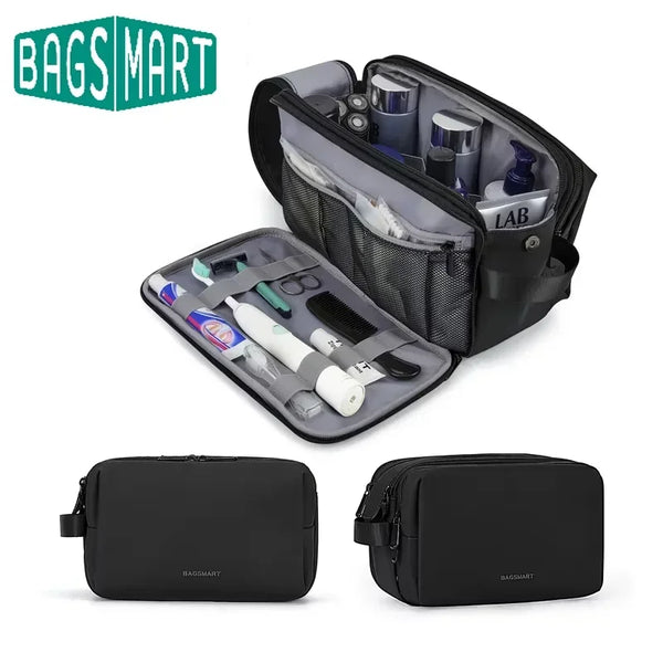 A black multifunction cosmetic toiletry bag is shown open, revealing various grooming tools and accessories.