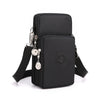 Black compact nylon crossbody phone bag with a silver chain and adjustable strap.