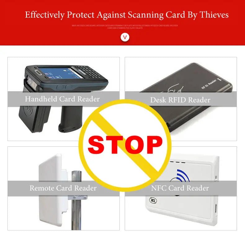 Various card readers including handheld, desk RFID, remote, and NFC readers are shown with a STOP sign.