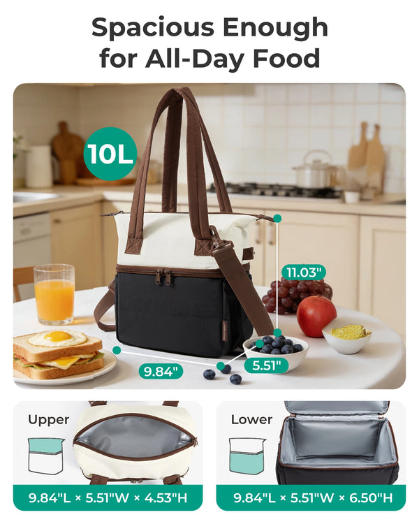 Bolsa de almuerzo portátil aislada con alimentos sobre una mesa, mostrando las dimensiones superior e inferior.