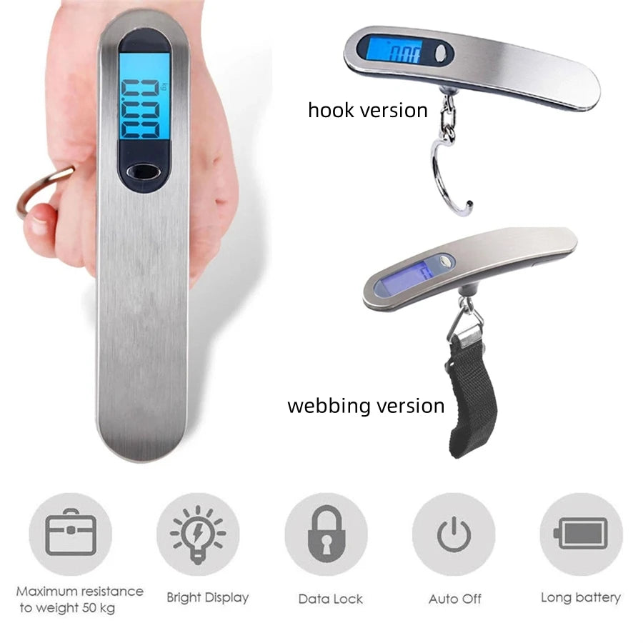 A portable digital luggage scale shown in a sleek silver finish, displaying weight measurements and featuring hook or webbing