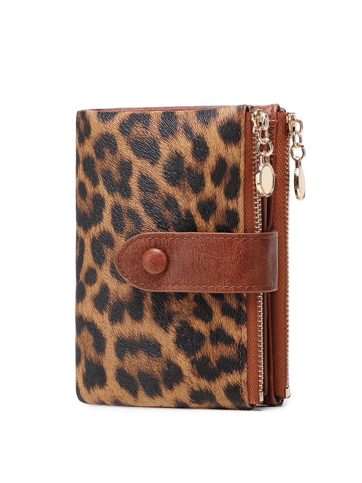 A brown leopard print card holder wallet with a leather flap and gold-toned zipper.