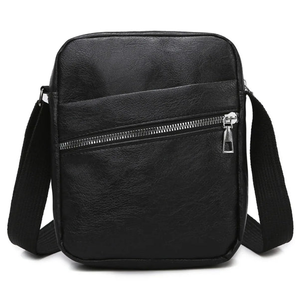 Black waterproof PU leather sling bag with a zippered pocket and adjustable strap.