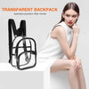 A transparent clear PVC backpack storage pouch displayed next to a woman wearing a white top.