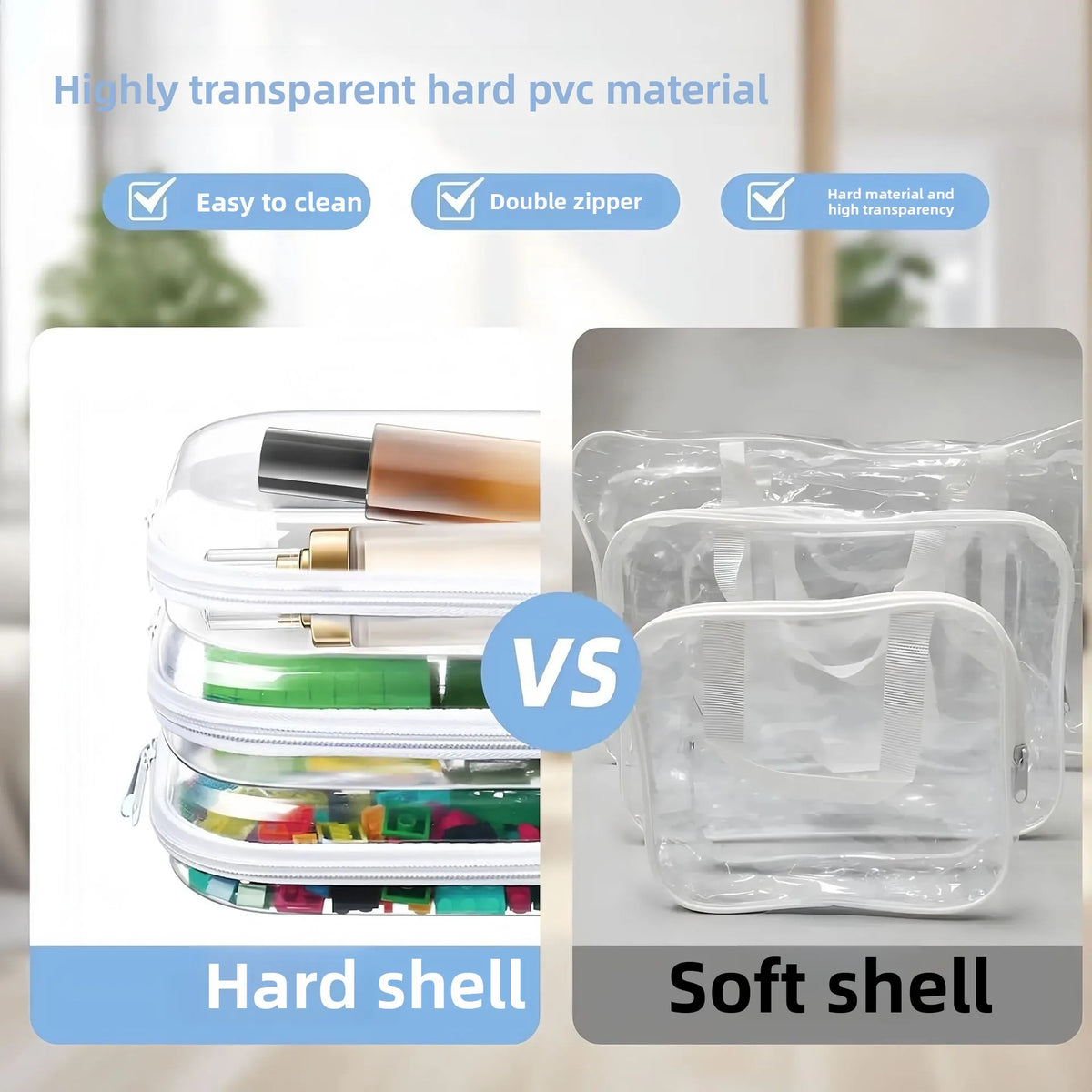 Comparison of a hard shell and soft shell foldable PET zipper storage pouch for travel and organization