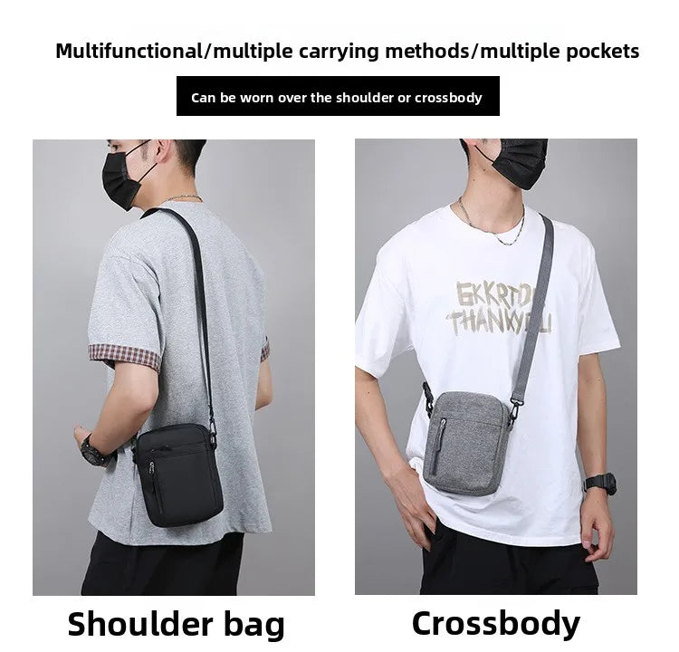 A black nylon crossbody bag worn across the body on a man, shown next to a gray shoulder bag.