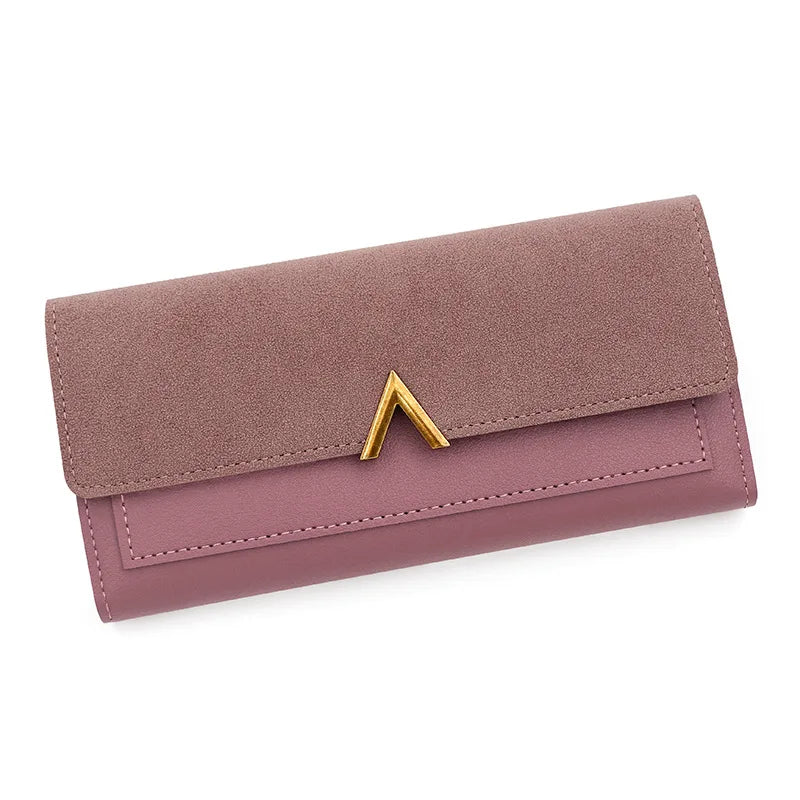 A mauve tri-fold PU card holder wallet with a gold accent.