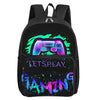 A black backpack featuring a neon green graphic of a game controller and the text LET'S PLAY GAMING.
