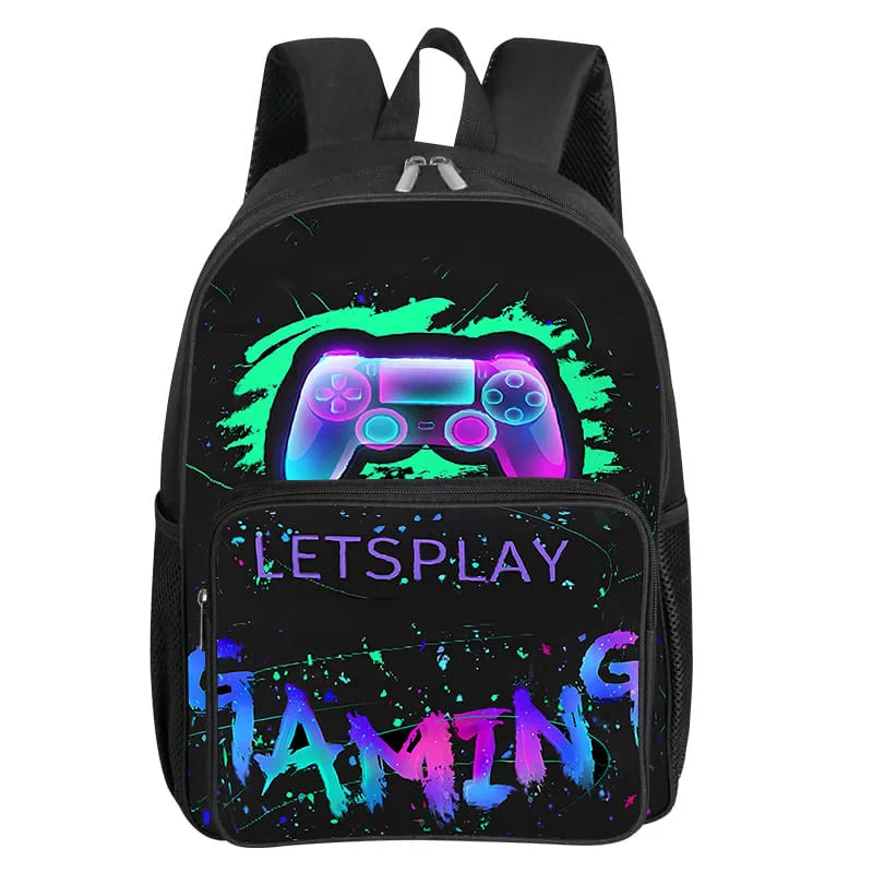 A black backpack featuring a neon green graphic of a game controller and the text LET'S PLAY GAMING.