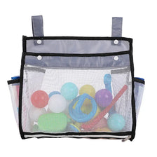 A clear mesh hanging bag organizer for bath toys with a black trim and gray fabric.
