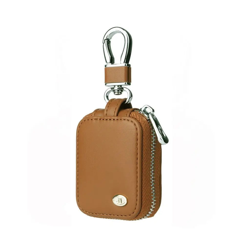 A brown leather protective case with a silver clasp and chain for earphones.