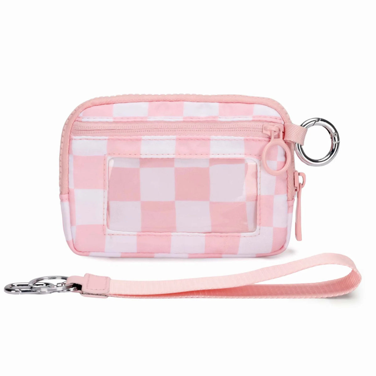 A pink checkered zippered wallet with a silver keychain strap.