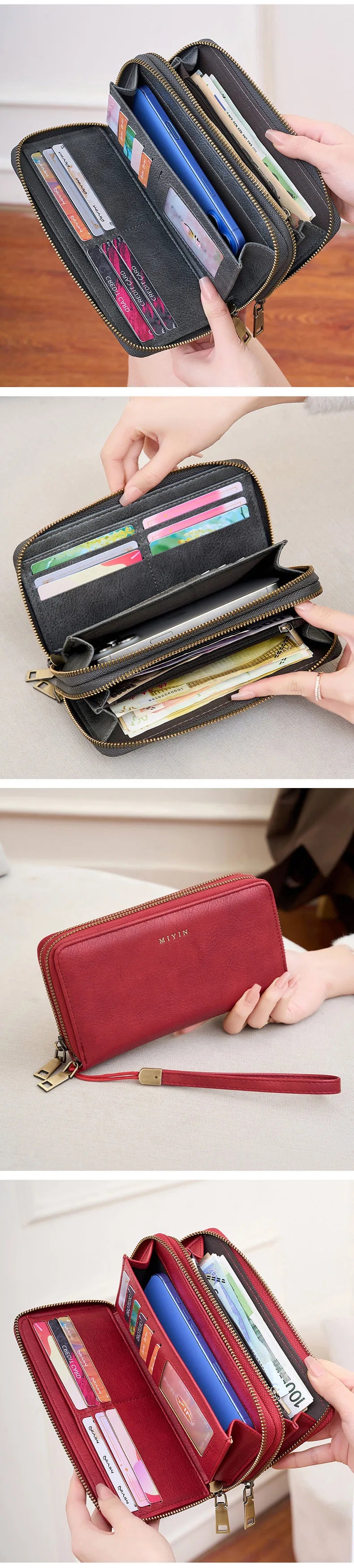 A close-up of a red leather wallet with a gold zipper and multiple card slots is shown being held by a hand.