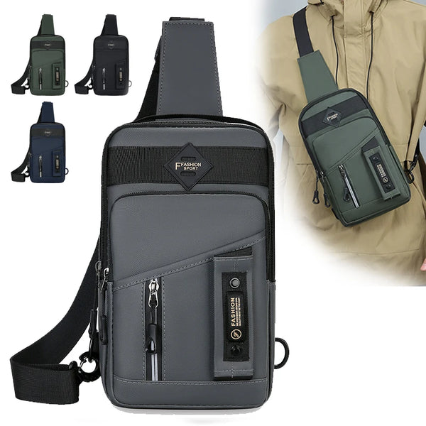Bolso cruz tipo sling de nylon gris con correa negra y múltiples compartimentos