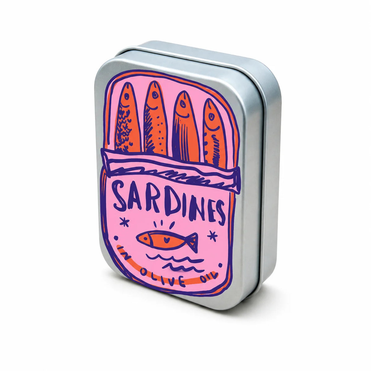 A silver metal box with a colorful print of sardines in olive oil on the lid.