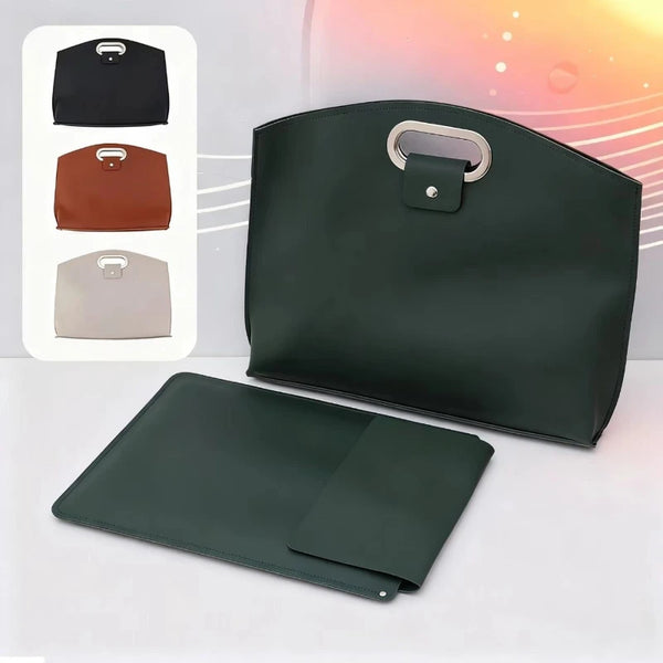 A dark green premium leather laptop briefcase shown with a matching folio cover and color options.