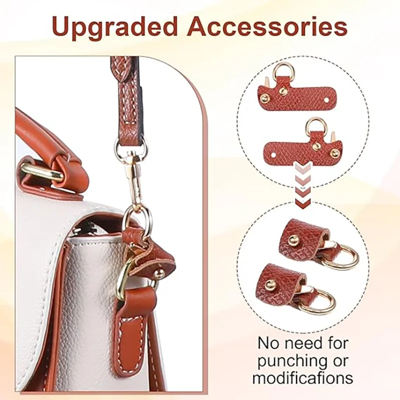 A close-up of a brown leather strap accessory for a white mini bag, showing various adjustable and conversion clips.