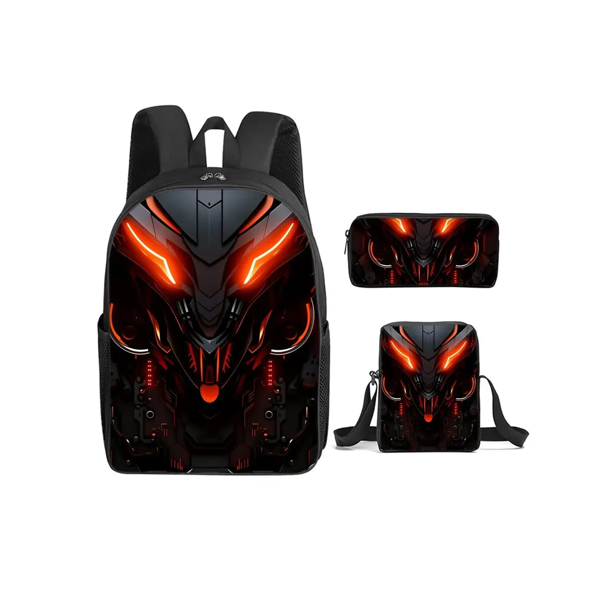 A set of three black mechanical robot cartoon backpacks featuring glowing orange accents.