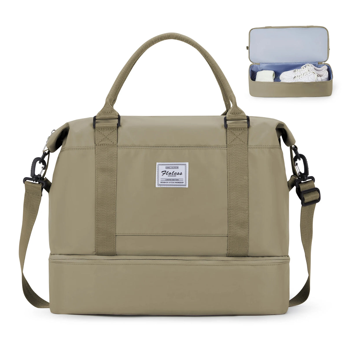 Maleta de viaje grande beige con asa y correas, junto a un compartimento abierto que muestra zapatos