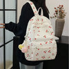 A white corduroy fashion backpack with a red cherry pattern and pink charms is carried by a person.