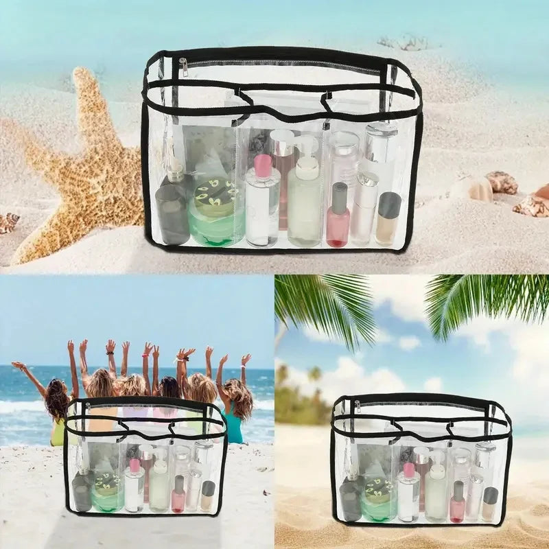 A black waterproof transparent beach bag organizer filled with various skincare and beauty products on a sandy beach.