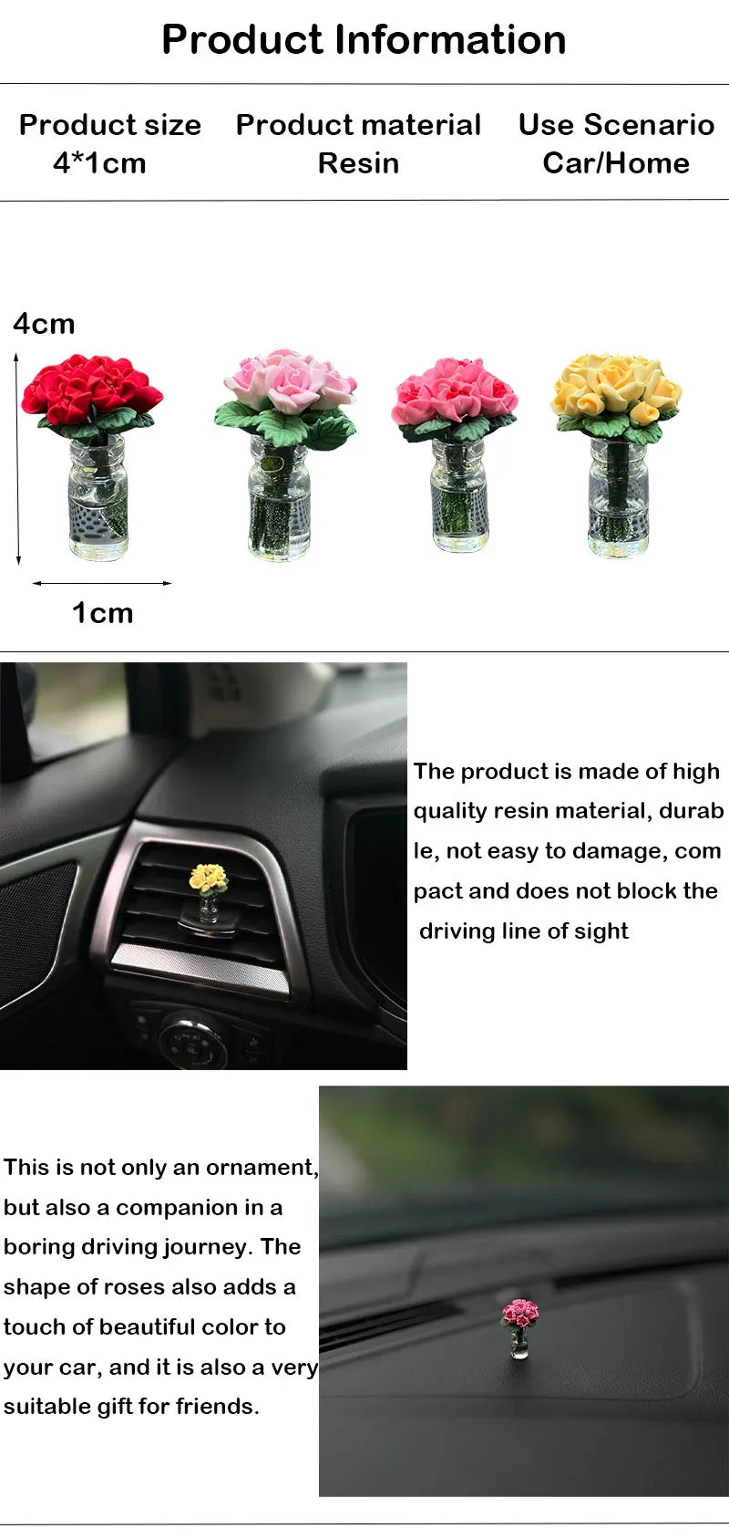 Eine Sammlung von Harz-Rosen- und Sonnenblumenblumen in Glasvasen, präsentiert im Auto-Innenraum.